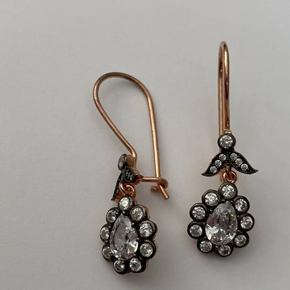 925 Silver drop cz stones halo french wire earrings 14k rose gold plated - Picture 3 of 3